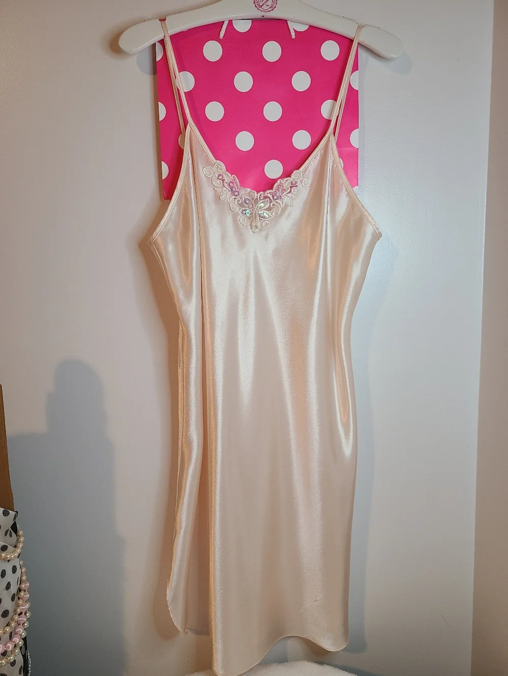 Vintage Silky Satin Bridal Beaded Mini Babydoll Slip Dress Size Small - Picture 5 of 6
